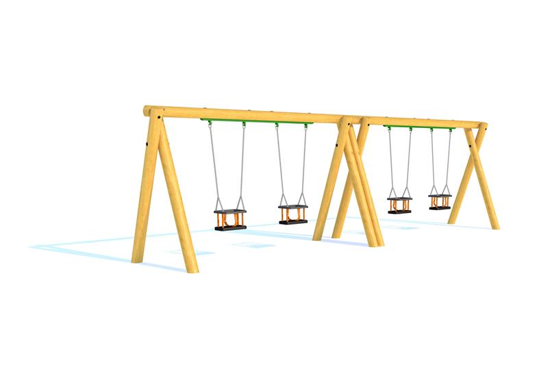 Technical render of a Timber Swing (2M) with Four Cradle Seats
